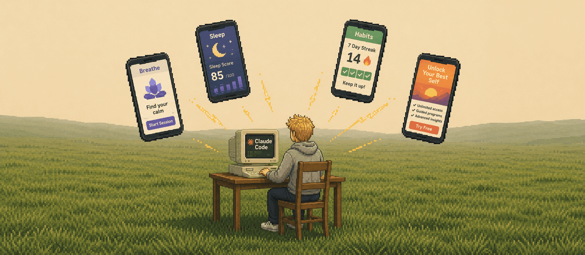 Pixel-art workshop with floating smartphones around a blond character.