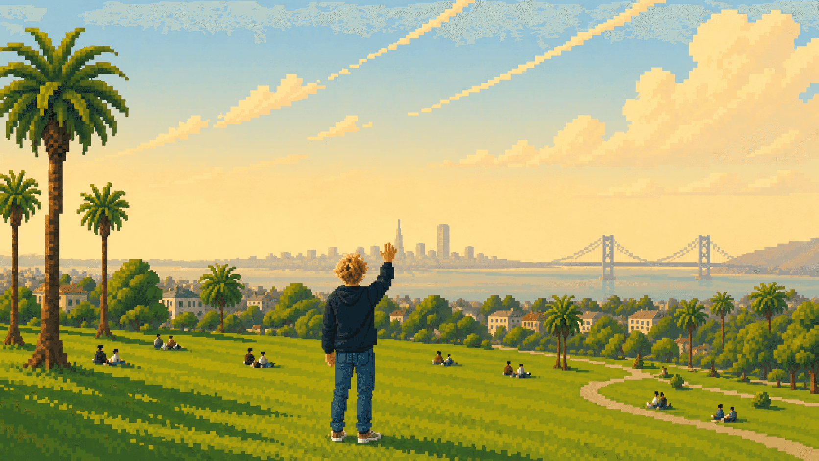 Pixel-art golden-hour scene with a blond character waving toward the horizon.
