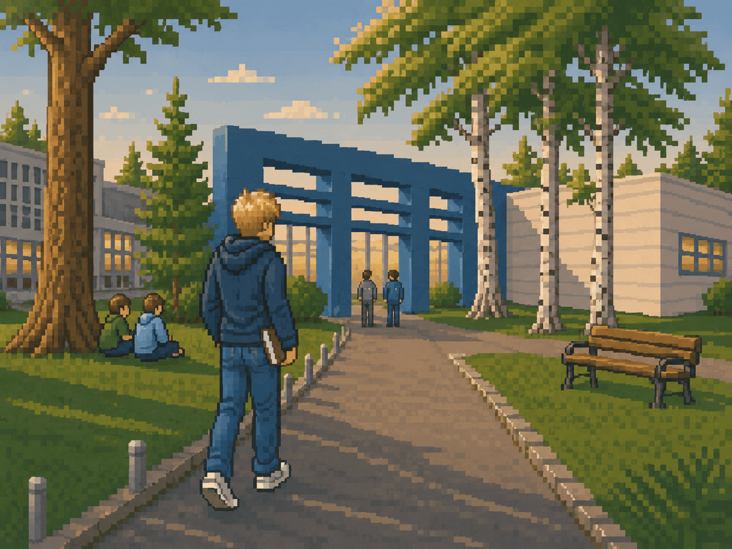 Pixel-art campus at dawn with a blond character walking toward a university building.